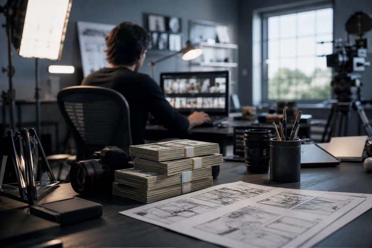 workspace with realistic prop money and filming equipment