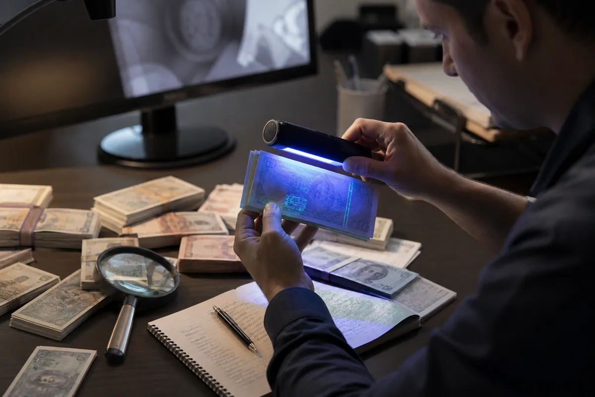 person examining counterfeit money under UV light