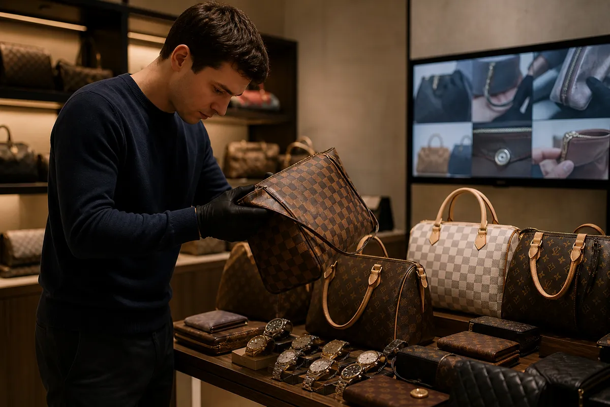 person inspecting counterfeit designer handbags in a store
