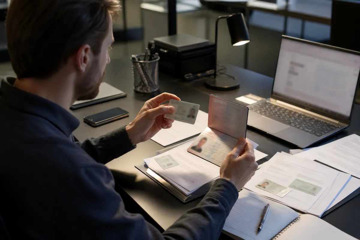 person examining counterfeit documents at a desk