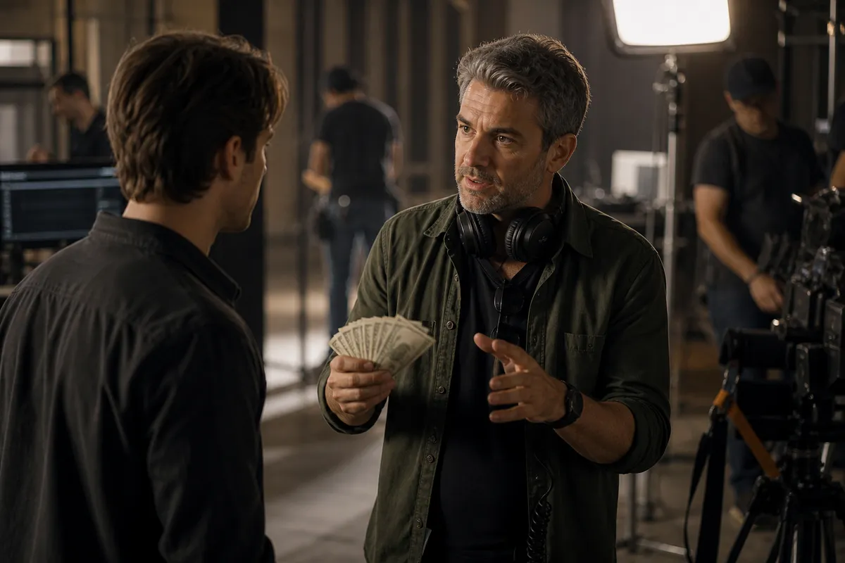 film crew discussing prop money on set
