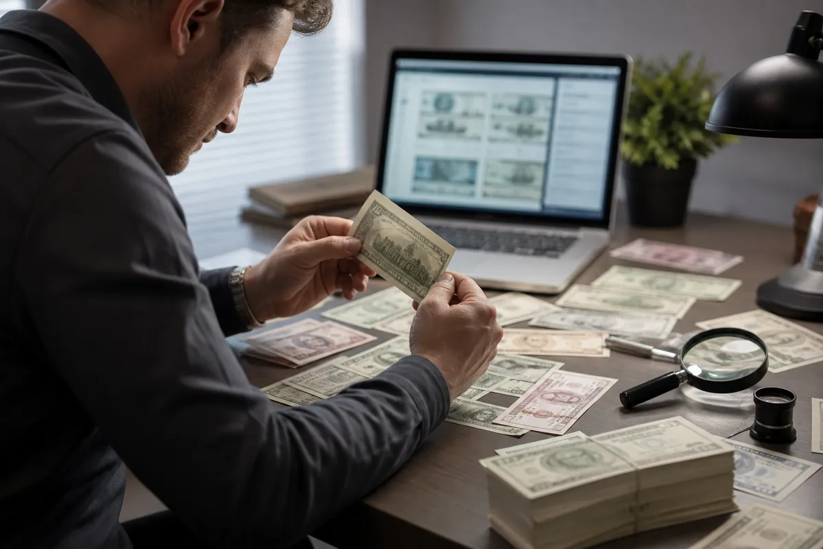 person inspecting realistic fake money on a desk