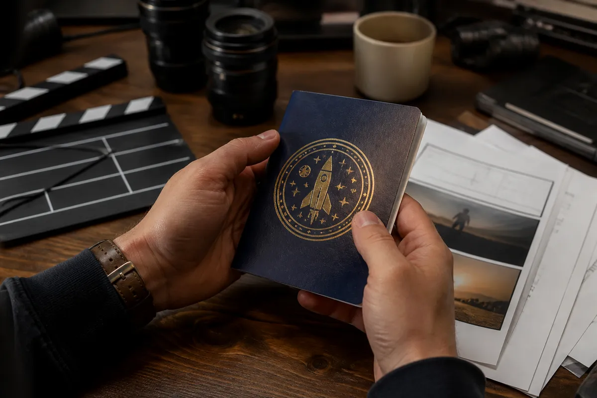 hands inspecting a novelty passport on a table