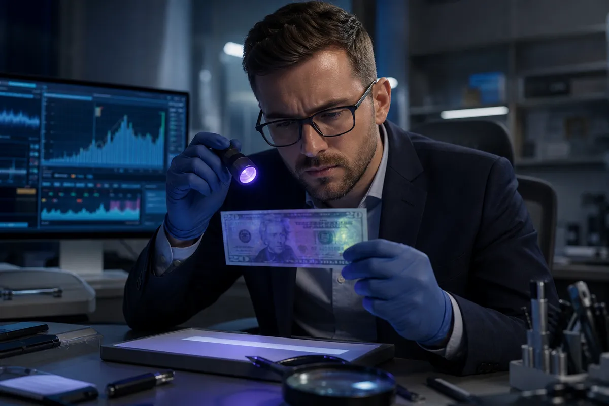 security expert examining a $20 bill