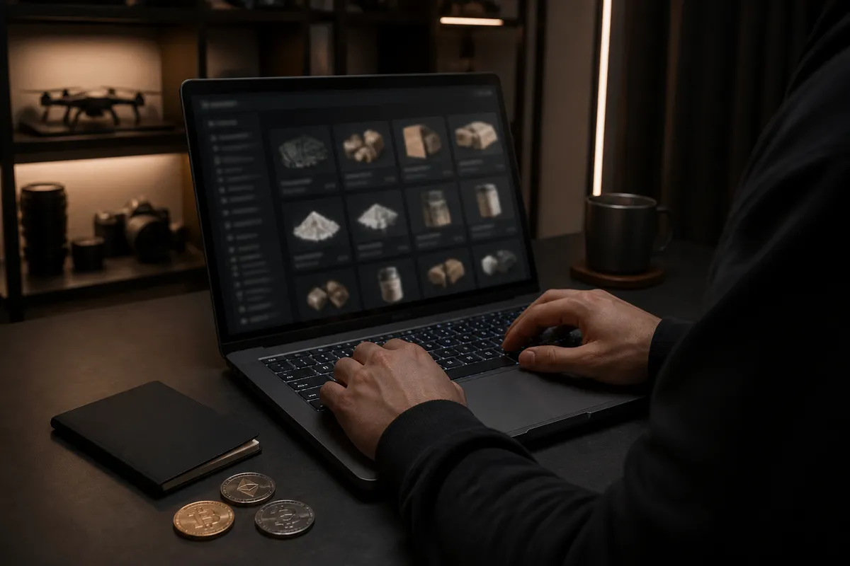 person examining dark web marketplace on laptop