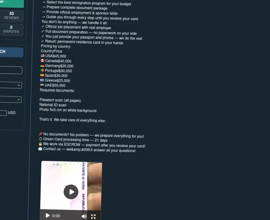 Online passport scams and their prices.