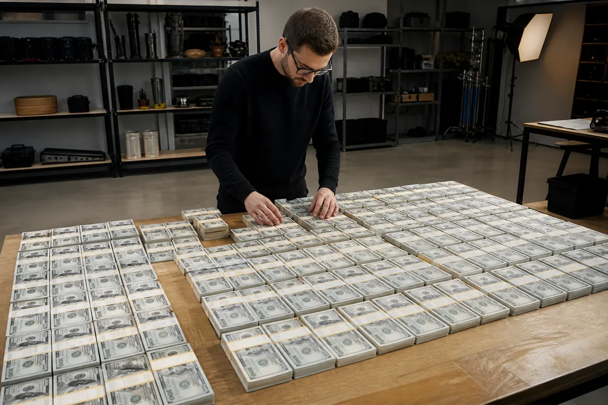 person organizing realistic prop money stacks