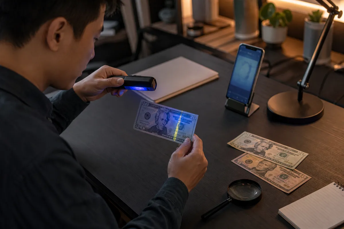 person inspecting a twenty dollar bill with UV light