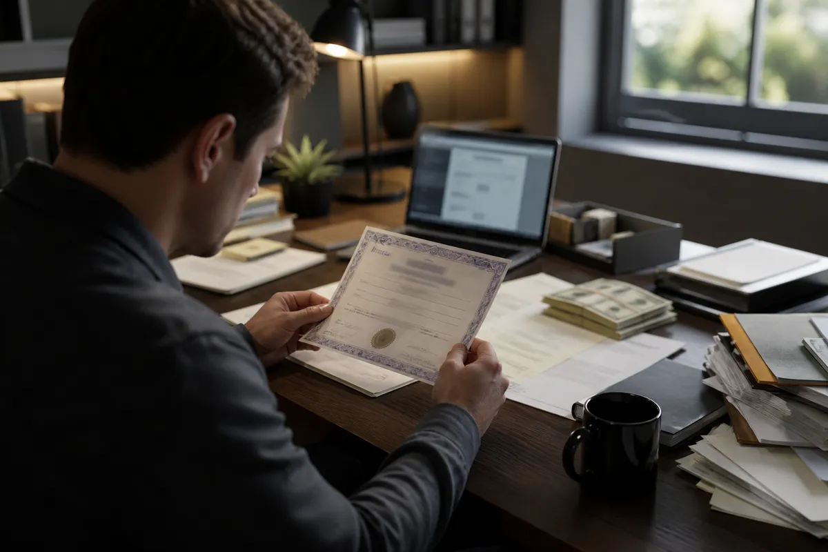 person examining a fake birth certificate at a desk