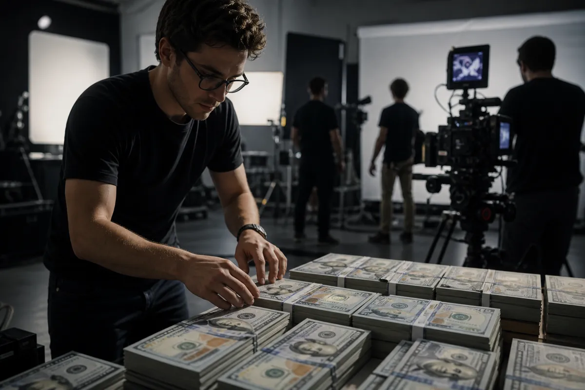 film crew arranging realistic prop money