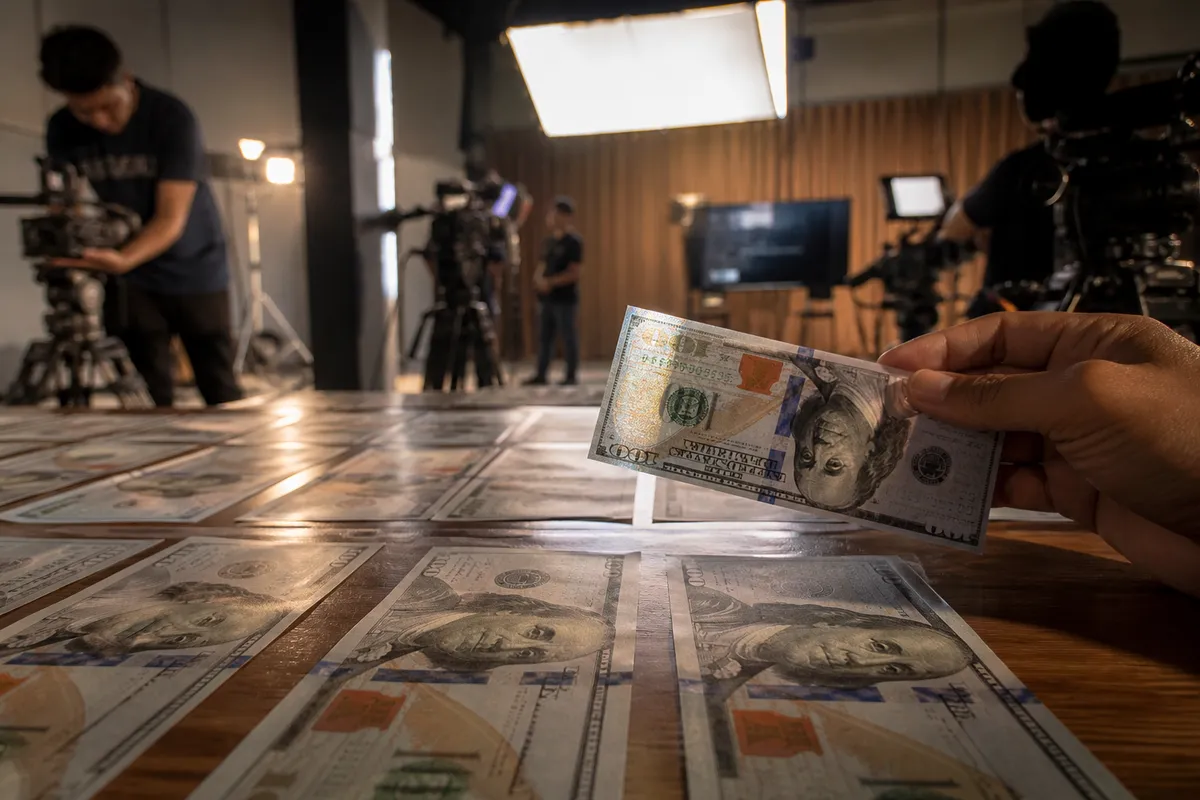 film set with realistic prop money and crew
