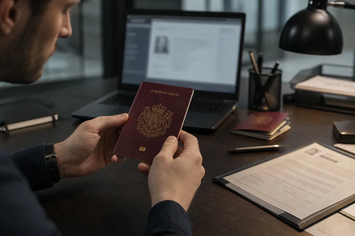 person examining realistic EU passport on desk