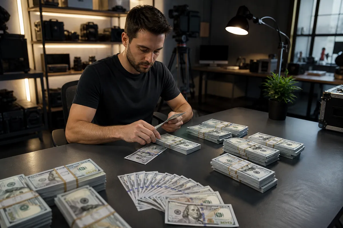 person organizing prop money on a table