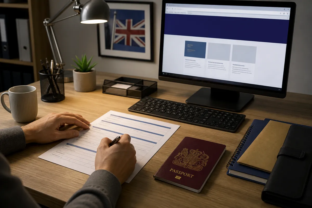 UK passport application scene on a desk