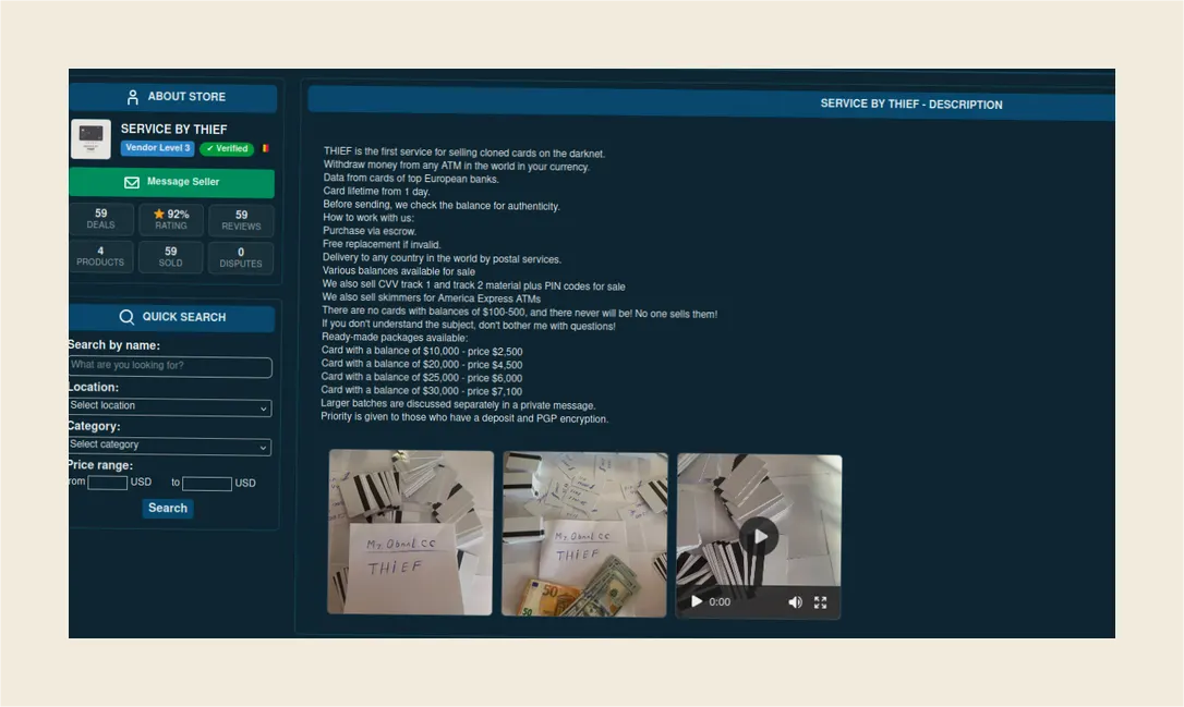 Darknet marketplace selling cloned credit cards with categories and pricing