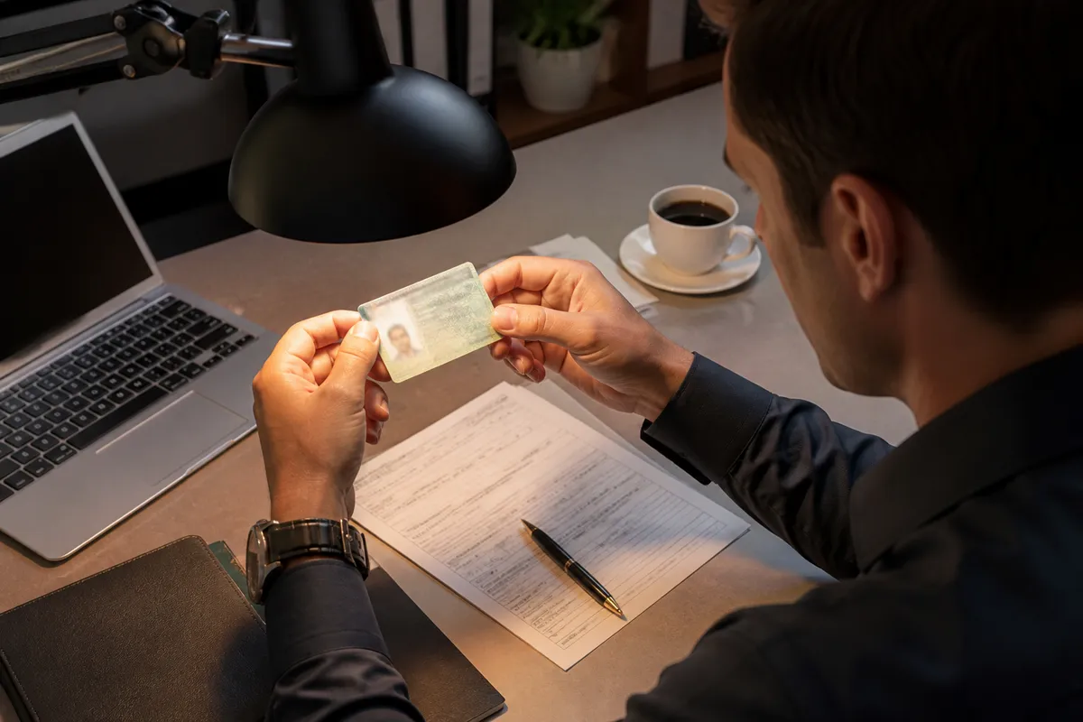 person inspecting a fake green card in an office