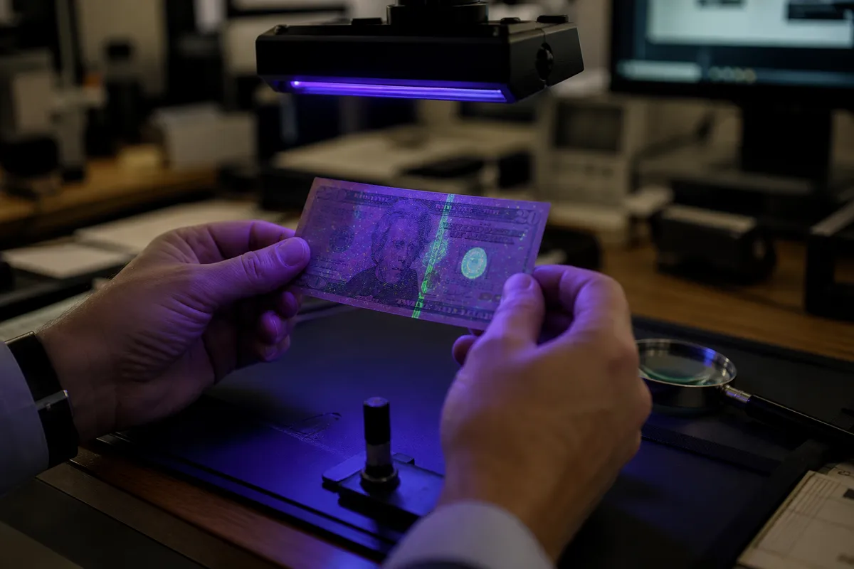 person inspecting a $20 bill with UV light