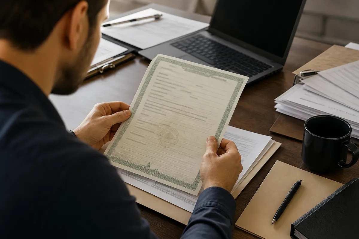 person examining a fake birth certificate
