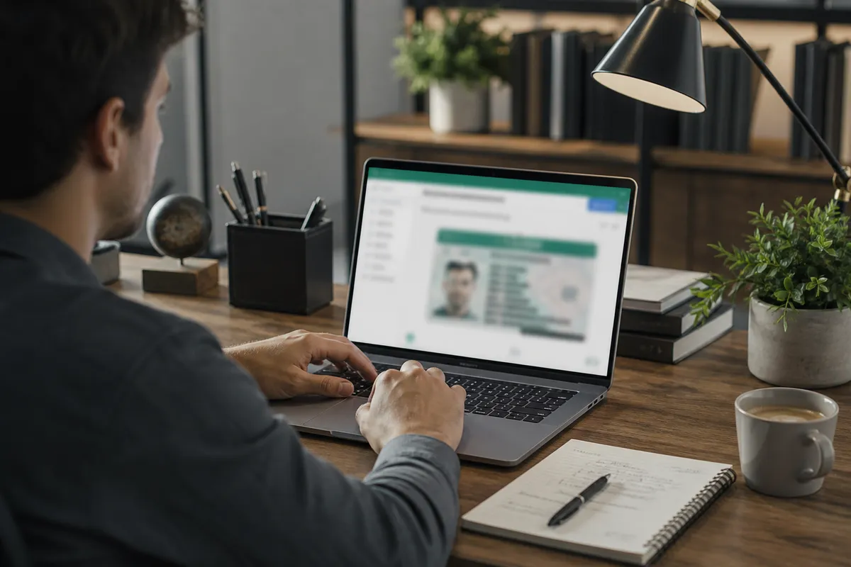 individual at a desk using laptop for green card creation