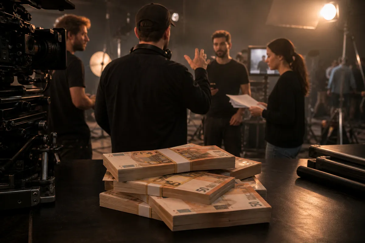 film crew with euro prop money on set