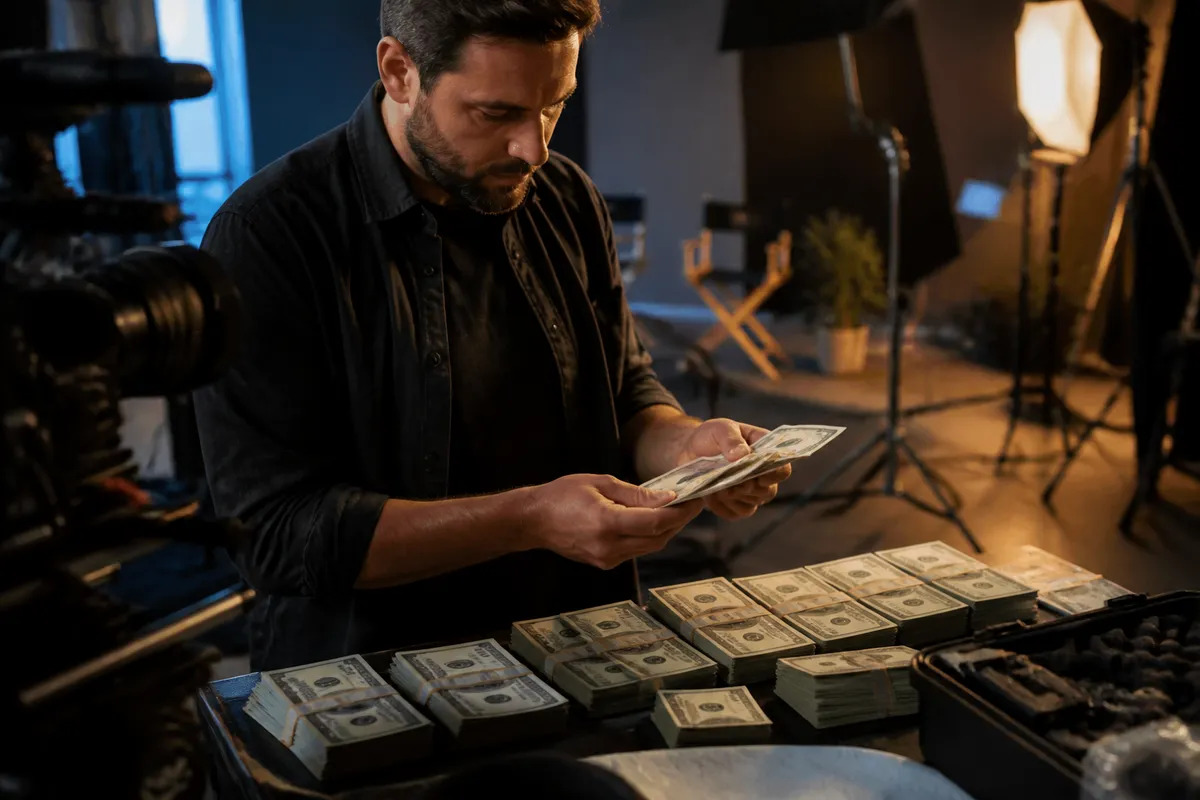 filmmaker examining realistic prop money bills