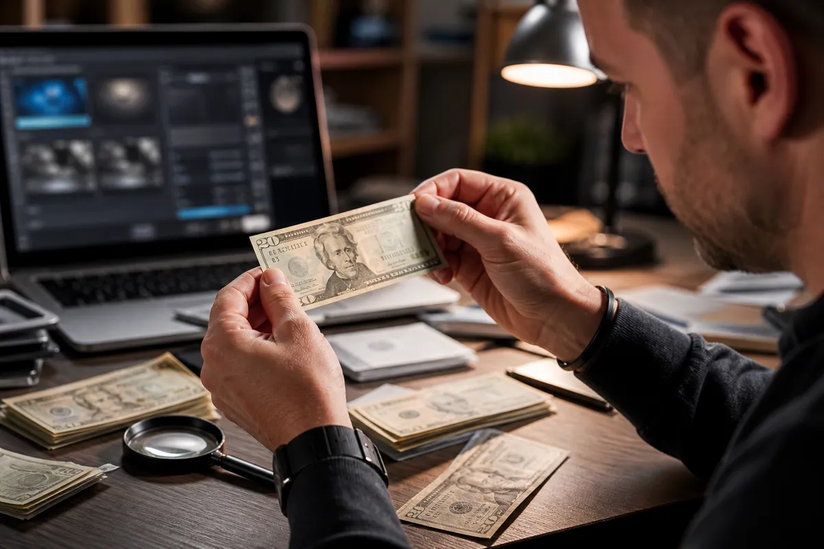 person examining realistic prop $20 bill