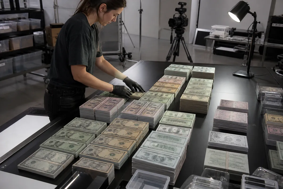 a person arranging realistic prop money stacks