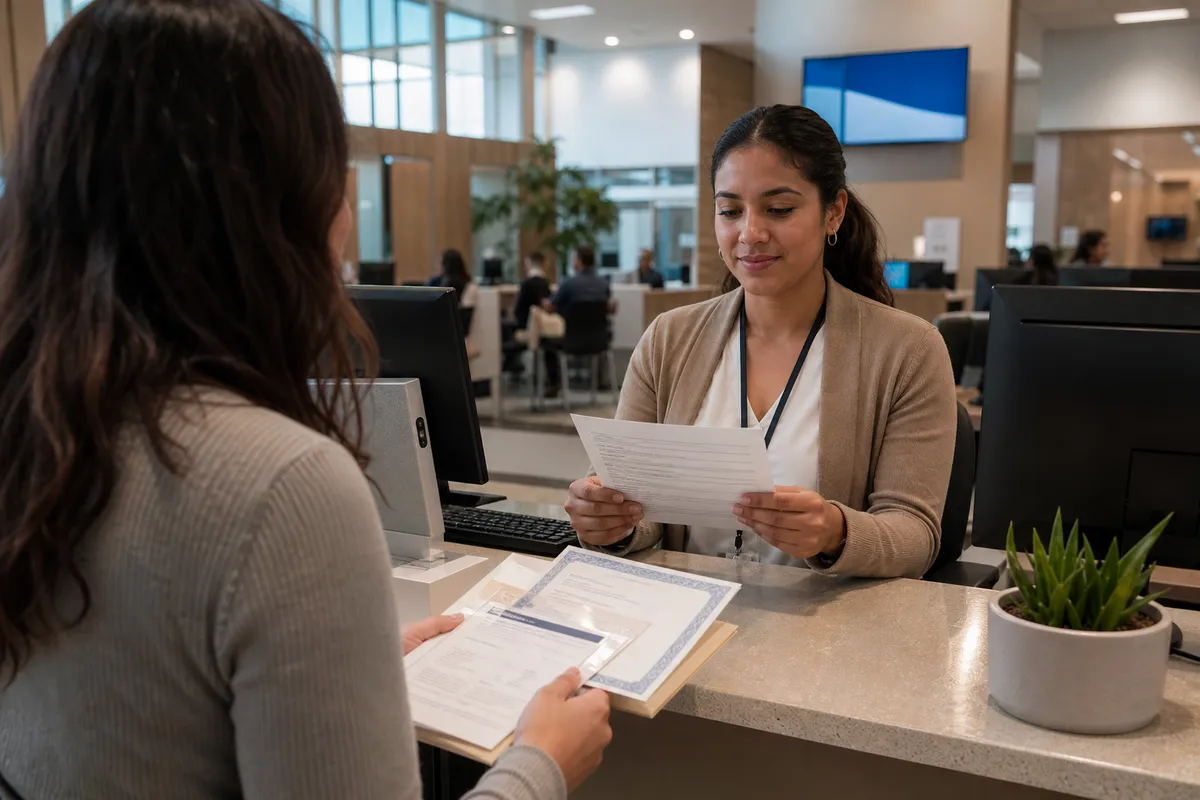 DMV office scene with REAL ID application process