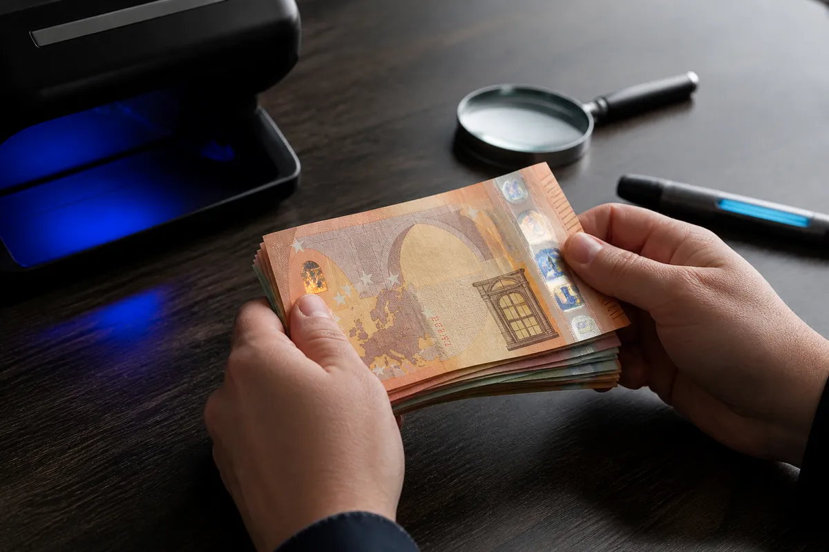 hands examining euro banknotes with security features