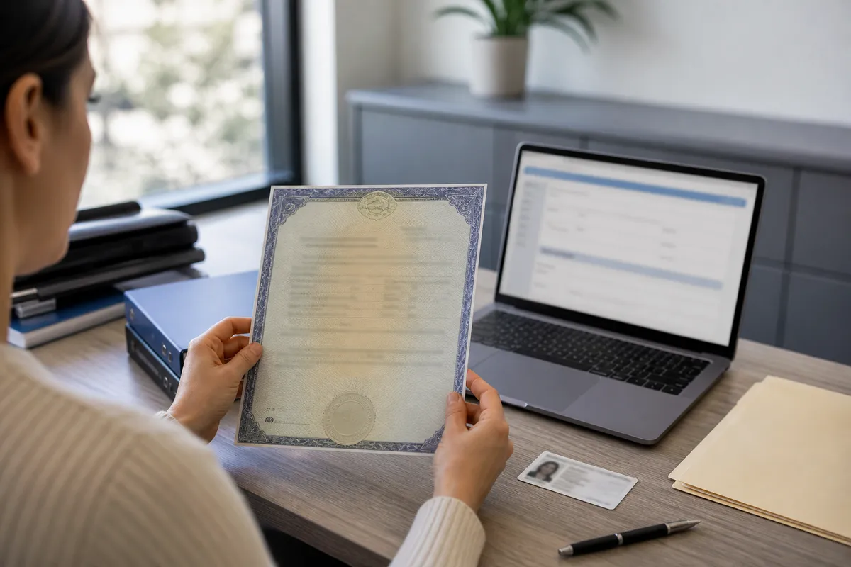 individual with certified birth certificate at desk