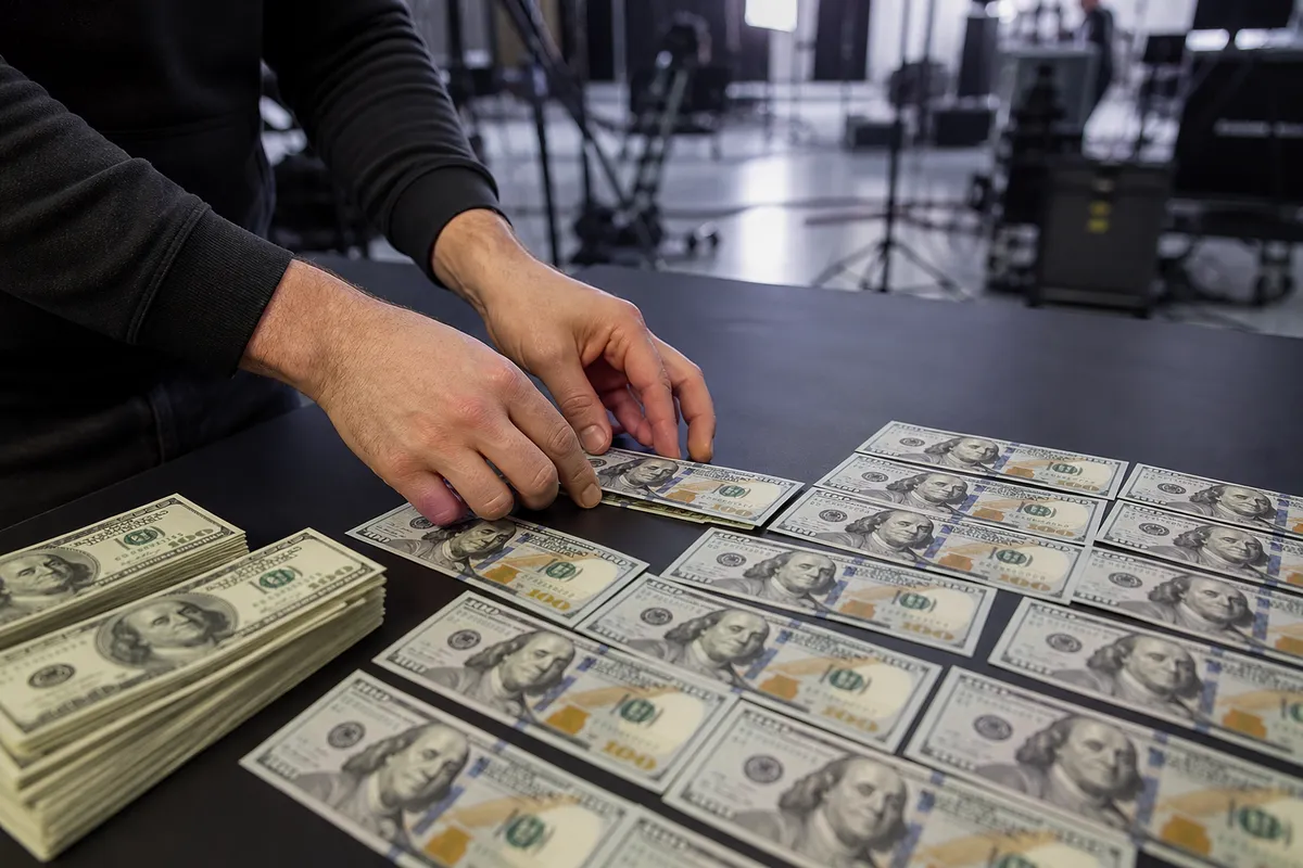 hands organizing realistic $100 prop money